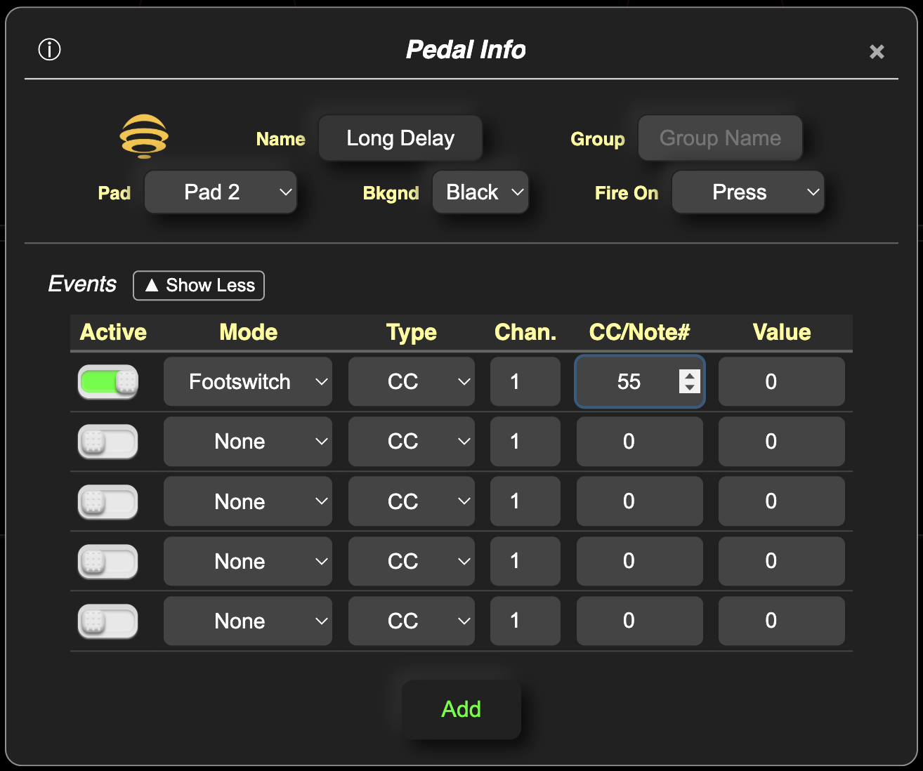 BigToe Pedal Info editor with MIDI event settings