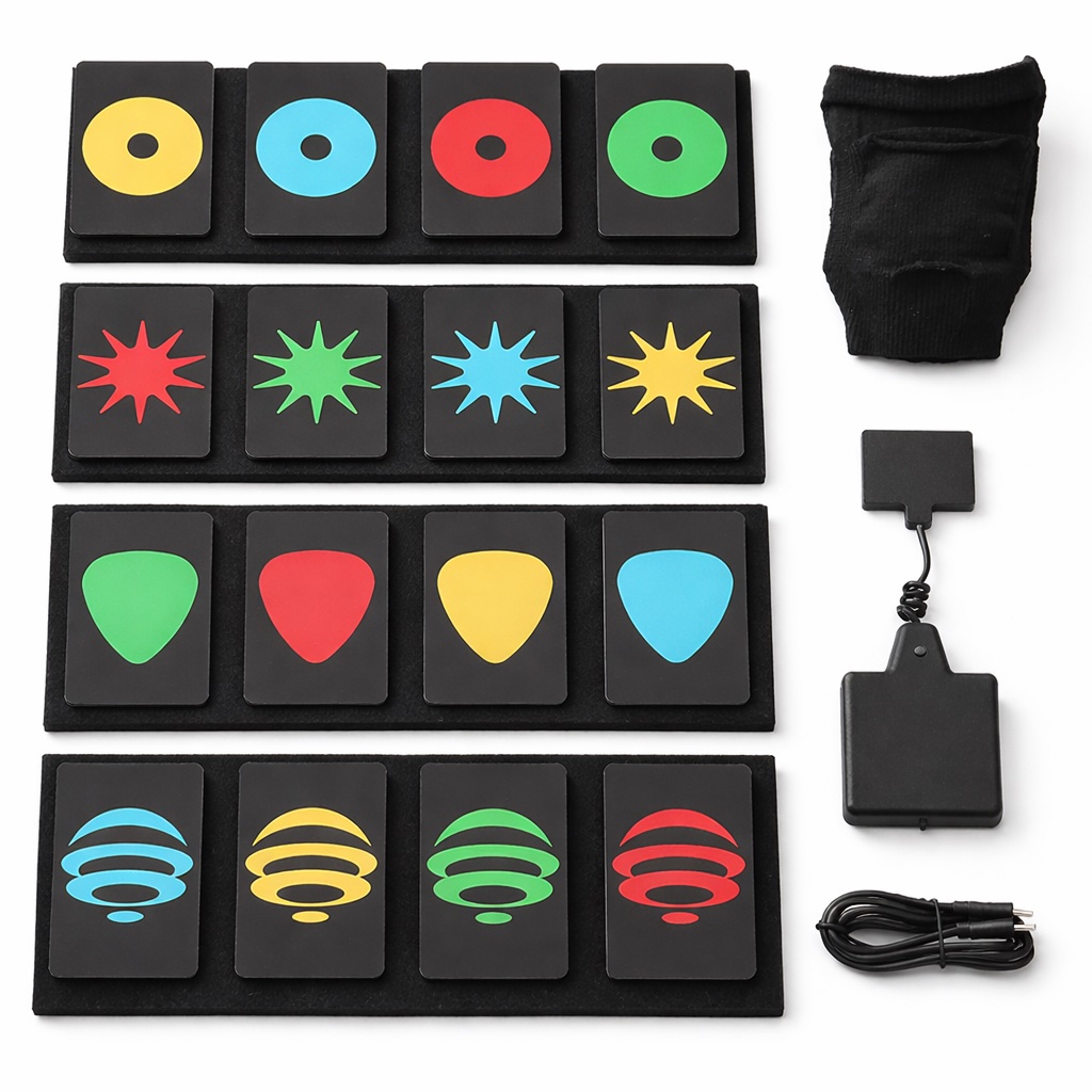 What's in the box: four pads of pedal tags, the BigToe device, its sleeve, and a USB cable